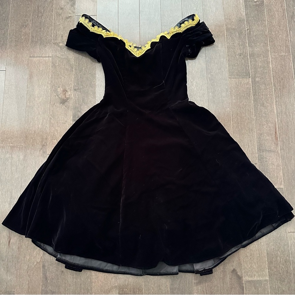 Dave & Johnny Black Velvet Mini Dress with Yellow Lace Trim